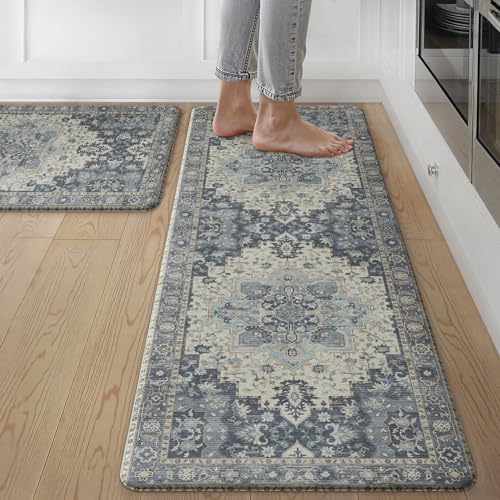 GENIMO Kitchen Mats for Floor 2PCs, Washable Anti Fatigue Mat for Cushioned, 17.3"x47"+17.3"x30", Waterproof Kitchen Rugs, Non Slip Comfort Standing Mat Rug for Home, Sink, Laundry, Center Blue - color: Center Blue, size: 17.3"x47"+17.3"x30"--0.4 inches