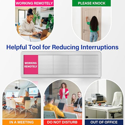 Office Door Signs with 5 Printed Status Options – Do Not Disturb, Out of Office, In a Meeting, Please Knock, Work from Home – Includes Custom Personalized Blank Sticker for Privacy Workspace or Studio Available and Away - style: Brushed Silver-5 Options