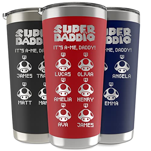 Personalized Super Daddio Tumbler for Dad - Custom Retro Gamer Travel Mug with Kids Names - Stainless Steel Cup, Gifts for Fathers Day for Dad (20oz & 30oz, 6 Colors) - color: Super Daddio Tumbler