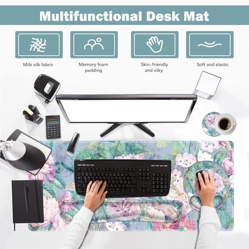 ARTSO Large Mouse Pad and Keyboard Wrist Rest, Desk Pad for Keyboard and Mouse, 4in1 Large Gaming Mouse Pad with Wrist Support, Desk Mat for Home Office Game, Retro Flowers - color: Retro Flowers