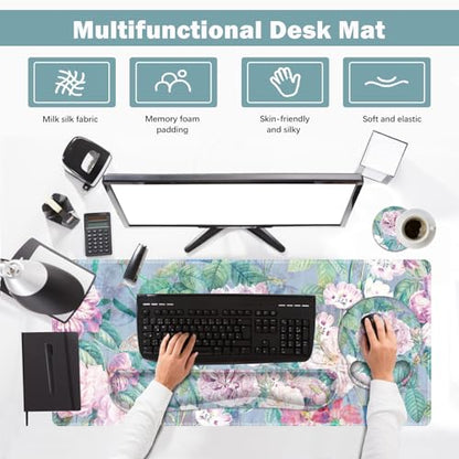 ARTSO Large Mouse Pad and Keyboard Wrist Rest, Desk Pad for Keyboard and Mouse, 4in1 Large Gaming Mouse Pad with Wrist Support, Desk Mat for Home Office Game, Retro Flowers - color: Retro Flowers
