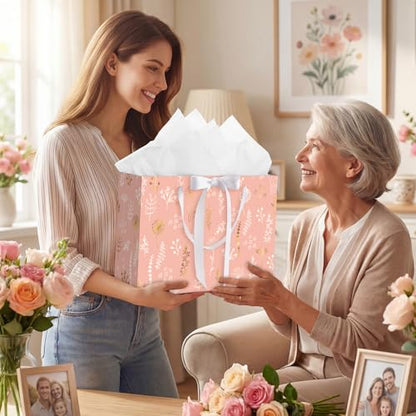 woric 13.7" Pink Gift Bags Set of 2, Large Birthday Gift Bags for Women | 2 Pink Bags with Ribbon Handle, 4 Tissue Paper & Greeting Cards, Women Girls Birthday, Anniversary, Wedding Bridal Showers - color: Pink