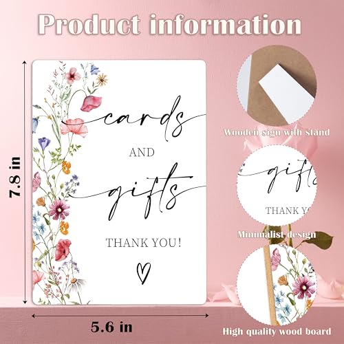 Cards and Gifts Table Sign, Flowers Bridal Shower Decorations, Wedding Reception Table Decorations, Engagement Party Decor, Boho Wooden Sign with Stand for Wedding Reception And Bridal Party Decor, 13 - color: Cards and13