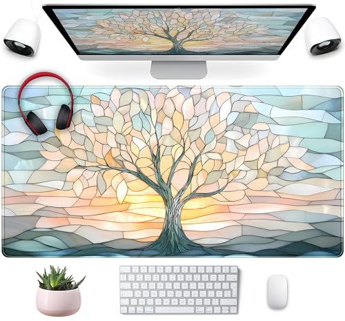 Desk Mat Cute Tree of Life Mouse Pad Gaming XXL Large Extended Desk Matt for Desktop, Faux Stained Glass Pastel Desk Pad, Laptop Computer Keyboard Mouse Mat, Office Decor Deskamt, 31.5x15.75 in - color: Blue Tree of Life