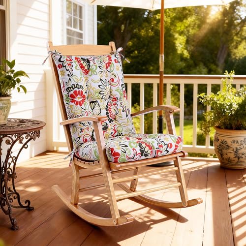 Tropical Rainforest Style Rocking Chair Cushion Set Waterproof Tufted with Ties Non-Slip High Back Chair Pads for Garden Patio Wooden Rockers - color: Waterproof Flowers