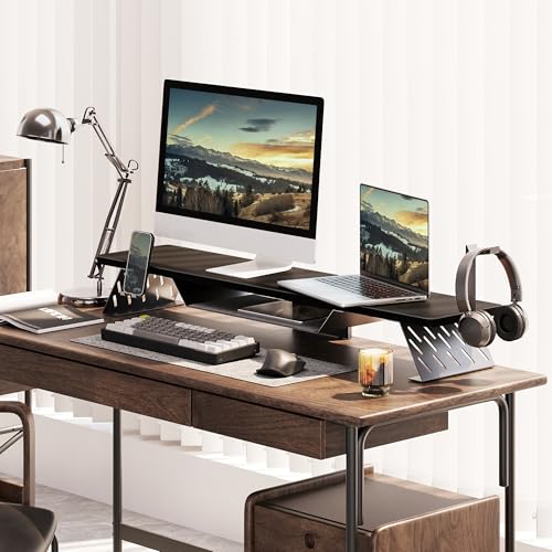 Fenge Dual Monitor Stand, 42.5 Inch Monitor Riser for Desk, Wood Desk Shelf for 2 Monitors, 2 Tier Monitor Shelf with Headphone Stand & Phone Holder - color: Black