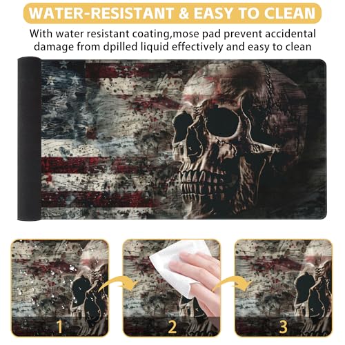 American Flag Skull Desk Mat Large Mouse Pad Gaming Mousepad 31.5 x 15.8 in | Desk Pad for Keyboard and Mouse, Large Non-Slip Rubber Base Mousepad Desk Mat with Stitched Edges for Gaming Office - color: American Flag Skull