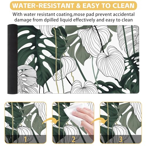 Tropical Leaf Desk Mat Large Mouse Pad Gaming Mousepad 31.5 x 15.8 in | Desk Pad for Keyboard and Mouse, Large Non-Slip Rubber Base Mousepad Desk Mat with Stitched Edges for Gaming Office - color: Tropical Leaf