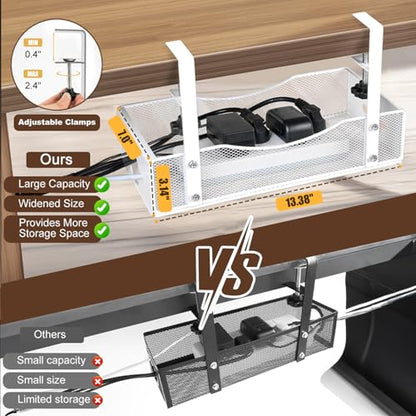 Extra Wide Under Desk Cable Management - 7inch No Drill Installation Cable Management Tray, Clamp/Screw Mount Desk Cable Management, Cable Management Tray for Office, Home((White, XL) - color: White