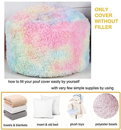 Asuprui Pouf Ottoman Unstuffed Round Bean Bag Poof Ottoman Seat Soft Faux Fur Footrest Stool 20x20x12 Inches Fuzzy Chair Floor Chair Foot Rest with Storage for Living Room Bedroom Rainbow Pouf Cover - color: Rainbow