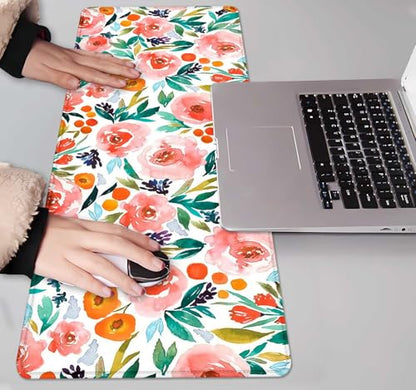 IMAYONDIA Large Floral Gaming Mouse Pad Mat with Stitched Edges, Extended Mousepad, Non-Slip Rubber Base Keyboard Pad, Desk Pad for Gamer, Office, (31.5” x 11.8” x 0.12”) - Watercolor Rose Flowers - color: Pink Rose Flowers