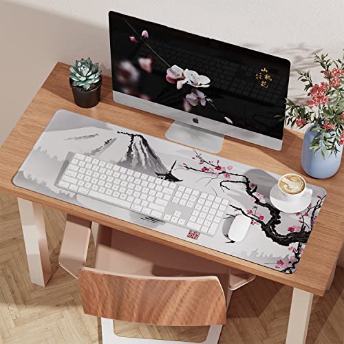 ETZ Japanese Cherry Blossom Mouse Pad (31.5 × 11.8 × 0.12 inch) Extended Large Mouse Mat Desk Pad, Stitched Edges Mousepad,Non-Slip Rubber Base,Gaming Mouse Pad - color: Ink Drawing Mouse Pad - 1