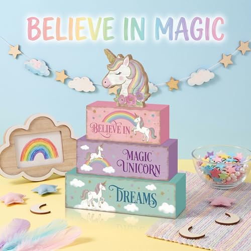 4 Pcs Unicorn Room Table Decor Girls Unicorn Bedroom Decorations Magic Fantasy Tiered Tray Decor Pastel Nursery Wooden Signs Shelf Sitter for Baby Girl Believe in Dreams Home Office Decorations - style: Unicorn