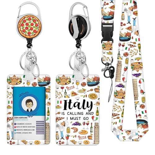 Italy Lanyards ID Badge, Italians ID Badge Holder with Retractable Reel Clip and Keychain, Heavy Duty Vertical Identity Badge Cover Case Protector for Teacher Nurse Khaki - color: Italy-khaki