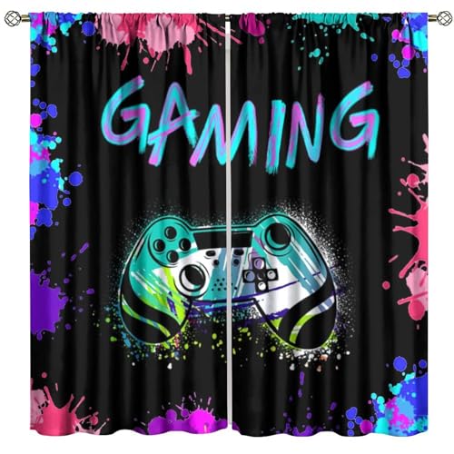 Boys Gamer Curtain, Kids Gaming Cool Video Game Controller Colorful Graffiti Gamepad Window Curtains for Kids Bedroom Living Room 42" W X 45" L - color: Gamepad-1, size: 20.5"W x 45"L (Pack of 2)