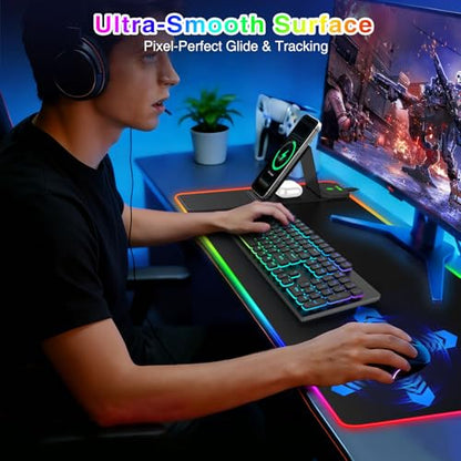 XXL RGB LED Gaming Mouse Pad with Magnetic Wireless Charger & Foldable Phone Holder, 31.5"x11.8" Extended Ultra-Smooth Desk Mat, 25 Lighting Effects, Non-Slip Base - color: RGB-31.5"x11.8"-Magnetic Stand-Left