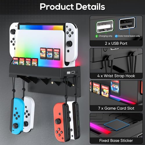 YUANHOT RGB Wall Mount for Nintendo Switch/OLED with Light & Storage(Black) | 7 RGB Light Modes, Game Card Slots, Controller Wall Holder, USB 3.0 Charge Port - size: Black