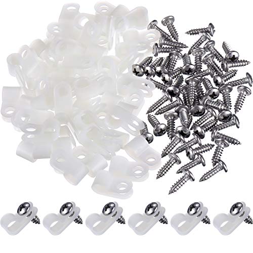Hicarer 50 Pack R-Type Cable Clip Wire Clamp, Nylon Screw Mounting Cord Fastener Clips with 50 Pack Screws for Wire Management (White,1/4 Inch) - color: White, size: 1/4 Inch