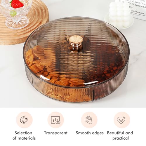 Divided Clear Snack Serving Tray with Lid, 6 Compartments Round Plastic Food Storage Organizer for Fruits, Nuts, Candies, Cookies, Stackable Snackle Box for Kitchen, Party and Picnic(Grey)