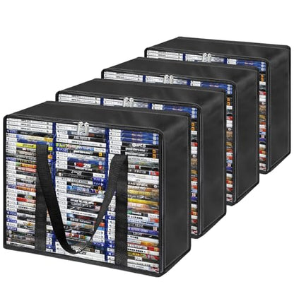 DVD Storage Bags 4 Pack - DVD Organizer with Handles & Zipper, Clear Media Holder Box for CD, Blu-ray Discs, Video Games, VHS - Each Bag Holds 70 DVDs, Total 280 Disc Capacity - size: 4 * Regular Bags