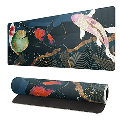 Japanese Gaming Mouse Pad XL - Extended Large Mouse Mat Desk Pad, Stitched Edges Mousepad, 3mm Thick Long Non-Slip Rubber Base Mice Pad, 31.5 X 11.8 Inch - Koi Fish Art - color: Koi Fish