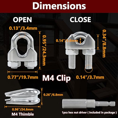 12PCS M4 5/32 Inches Stainless Steel Wire Rope Clips Cable Clamp,6PCS Thimbles - size: 12 M4 Clips,6 Thimbles,1 Nut Driver