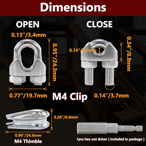 12PCS M4 5/32 Inches Stainless Steel Wire Rope Clips Cable Clamp,6PCS Thimbles - size: 12 M4 Clips,6 Thimbles,1 Nut Driver