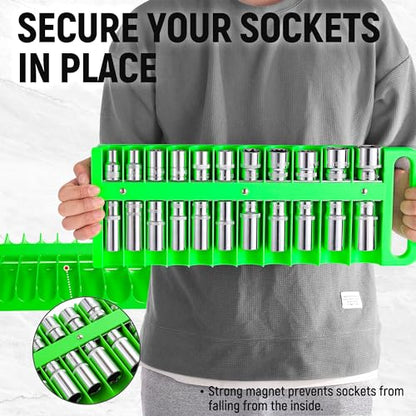 Reniteco Magnetic Socket Organizer Set, 3 Pcs Blue Portable Heavy Duty Socket Rail Set: 1/4-Inch x 22 Pallets, 3/8-Inch x 28 Pallets, 1/2-Inch x 26 Pallets, Hold 76 Sockets - Fit Shallow&Deep Sockets - color: Green