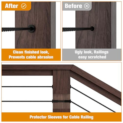 Cable Railing Protector Sleeves - 50 Pack T316 Stainless Steel Protective Sleeves - 1/8" 3/16" 5/32" Black Deck Cable Railing Hardware Kit for Wood Posts