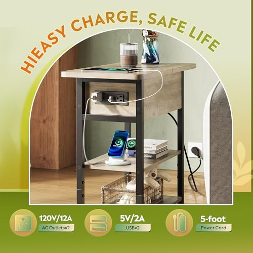 WLIVE End Table with Charging Station, Flip Top Narrow Side Table with Storage Shelf, Small Nightstand with USB Ports and Outlets,Bedside Table for Living Room, Bedroom,11.81" D x 23.62" W x 24.33" H - color: Greige