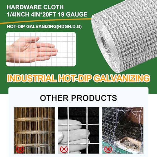 4in x 20ft Hardware Cloth Hot-Dip Galvanized Welded Wire Mesh - Heavy Duty 1/4inch 19 Gauge Chicken Wire Fencing for Garden, Chicken Coop, Rabbit Cage, Rodent & Predator Protection - size: 4in x 20ft