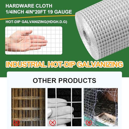 4in x 20ft Hardware Cloth Hot-Dip Galvanized Welded Wire Mesh - Heavy Duty 1/4inch 19 Gauge Chicken Wire Fencing for Garden, Chicken Coop, Rabbit Cage, Rodent & Predator Protection - size: 4in x 20ft