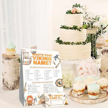 What's Your Viking Name Party Activity Cards, Viking Birthday Party Decor, Medieval Name Card Set with 1 Viking Name Sign and 30 Name Stickers, Party Table Decoration - style: Cow