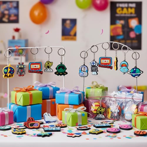 Batiyeer 36 Pack Cartoon Keychains Bulk, Novelty Sports, Robot, Alien, Video Game PVC Key Rings for Party Favors, Team Prizes, Event Giveaways, Corporate Rewards and Office Challenges - style: Game