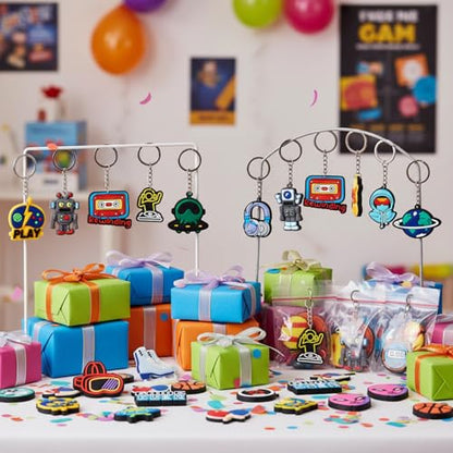 Batiyeer 36 Pack Cartoon Keychains Bulk, Novelty Sports, Robot, Alien, Video Game PVC Key Rings for Party Favors, Team Prizes, Event Giveaways, Corporate Rewards and Office Challenges - style: Game