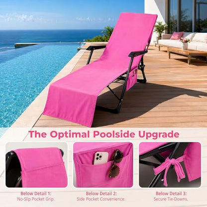 VOCOOL Lounge Chair Towel Cover Beach Chair Covers Towel 85 x 30 inch | Pool Chair Cover with Side Pockets, Chaise Lounge Cover, for Sunbathing Lounger Hotel Garden Holiday Garden Pool, Pink - color: Pink