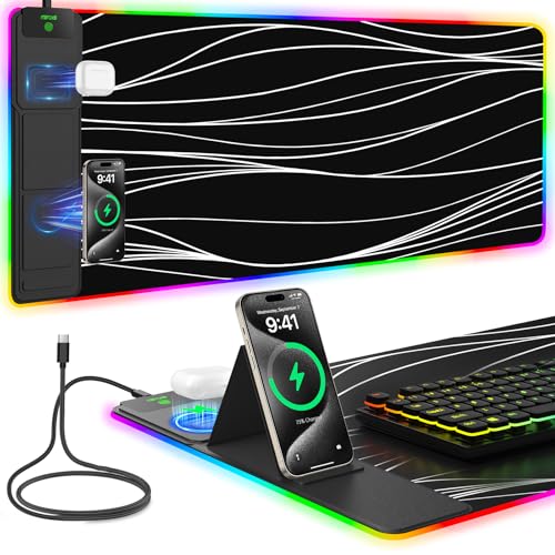 Mouse Pad with Foldable Phone Holder & Wireless Charger, XXL RGB Gaming Mousepad 31.5"x15.8" Large Desk Mat for Keyboard, Black Desk Pad with Dual Qi Charging Station | 11 Colors 5 Modes | Waterproof - color: 31.5x15.75"Phone Stand-Wave Upgraded