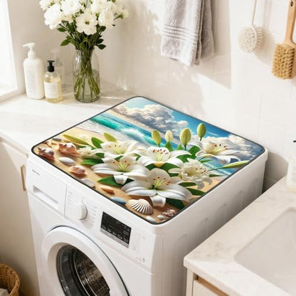 Nuxovilar Beach Lilies & Seashells Dryer Cover for the Top, Non-slip Washer & Dryer Protector, 23.62"x19.68" Dust-proof Washing Machine Mat, Diatom Mud Polyester Top Pad for Laundry Room - color: YHC00301