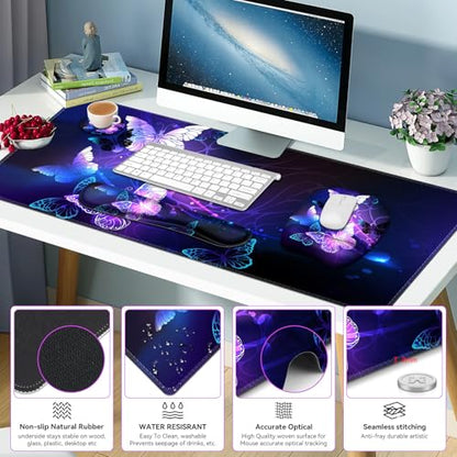 Large Mouse Pad with Wrist Support 4in1 Set, XXL Game Mousepad + Keyboard Wrist Rest+Mouse Wrist Rest+Coaster with Ergonomic Design Gaming Mat for Home Office Table Computer I Purple Butterfly - color: Purple Butterfly