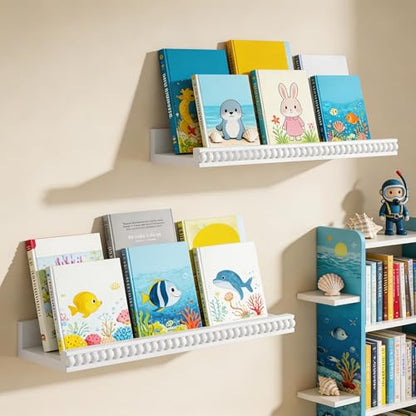 Alsonerbay White Floating Shelves Wall Mounted Set of 2, 15.7 Inch Modern White Shelves with Lip, Wood Wall Shelves with Wooden Beads for Bathroom Bedroom Living Room Nursery and More