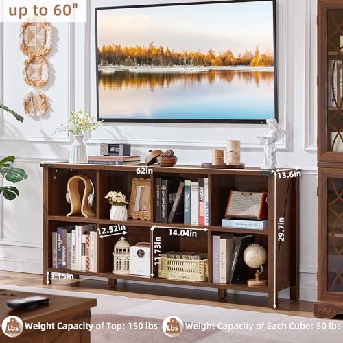 Joaxswe 8 Cube Book Shelf, Farmhouse Wood Long Storage Organizer Bookcase, 62" Horizontal Brown Walnut Console Closet Bookshelf, Hallway TV Stand for Entryway, Display Cabinet Book Case for Office - color: Brown Walnut, size: 8 Cube (13.6"D x 62"W x 29.7"