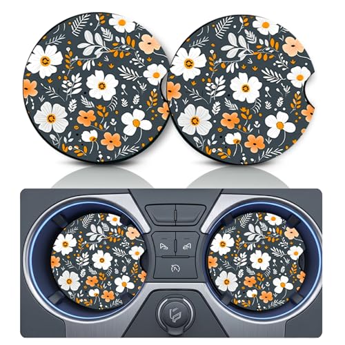 2PCS Dark Floral Car Cup Holder Coasters, Cars Coasters for Cup Holders, 2.75" Universal Anti Slip Rubber Mat with Finger Slot, White Orange Flower Car Accessories Interior Decor, Floral Gifts - color: Floral-black