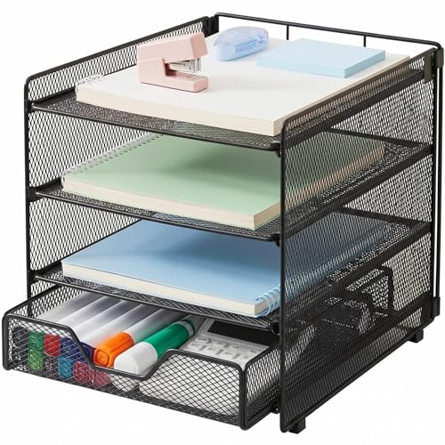 OPNICE Desk Organizer, 4-Tier Desktop File Organizer with Drawer, Office Desk Accessories, File Sorters, Workspace Organizers for Office Supplies(Black Upgraded) - color: Black Upgraded, size: 4-tier