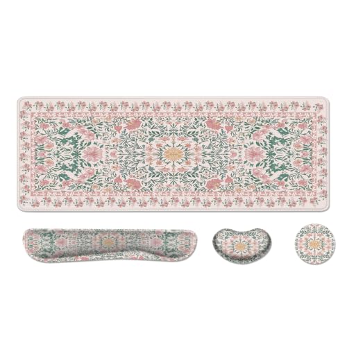 Desk Pad and Keyboard Wrist Rest, Large Mouse Pad + Keyboard Pad+Mouse Wrist Support, Non-Slip Desk Mat Protector for Office, Home 31.5×11.8 Inches Pink Floral - color: Pink Floral
