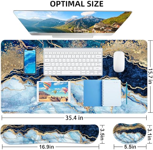 LATEEFAH Large Mouse Pad and Keyboard Wrist Rest, Desk Pad for Keyboard and Mouse, Extended Gaming Mouse Pad with Wrist Support, Waterproof Non-Slip Desk Mouse Mat for Office, Home - color: 4Pcs-Blue & White Marble