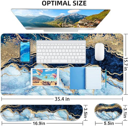 LATEEFAH Large Mouse Pad and Keyboard Wrist Rest, Desk Pad for Keyboard and Mouse, Extended Gaming Mouse Pad with Wrist Support, Waterproof Non-Slip Desk Mouse Mat for Office, Home - color: 4Pcs-Blue & White Marble