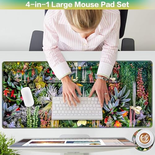 Desk Mat Floral, Large Gaming Mouse Pad with Wrist Rest, 4in1 XXL Mousepad+Keyboard Wrist Rest+Mouse Pad Wrist Support+Cup Coaster Set Ergonomic Computer Desk Arm Wrist for Decor Home Office Women - color: Colorful Plants