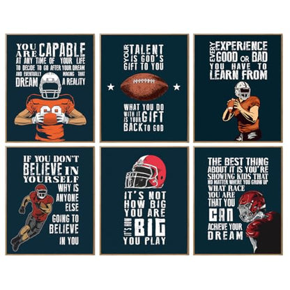 Inspirational Football Wall Art Motivation Posters For Kids Room - Sports Decor Set Of 6 (8x10")