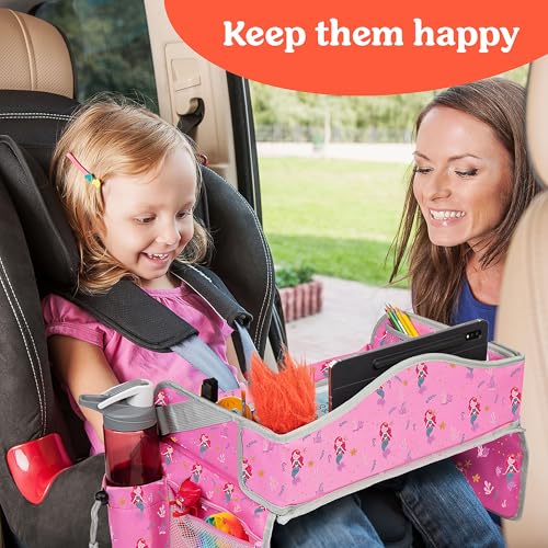 PILLANI Kids Travel Tray for Car - Toddler Car Activities, Car Seat Tray with Activity Sheets & Pens, Road Trip Essentials for Car & Airplane, Travel Lap Desk Accessories - Road Trip Activities Toys - color: Mermaid