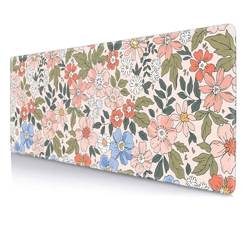Pink Blue Floral Desk Mat Cute, XL Green Leaf Flowers Extended Mousepad, Non-Slip Rubber Base Stitched Edge Large Mouse Pad Desk Pad for Women Gamer Office,Computer Accessories,31.5 X 11.8 in - color: Pink Blue Floral